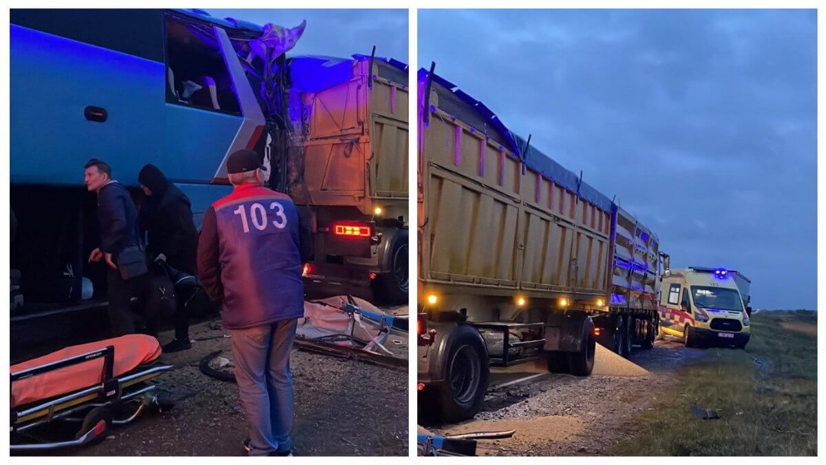 Пассажирский автобус и КамАЗ столкнулись на трассе в Костанайской области