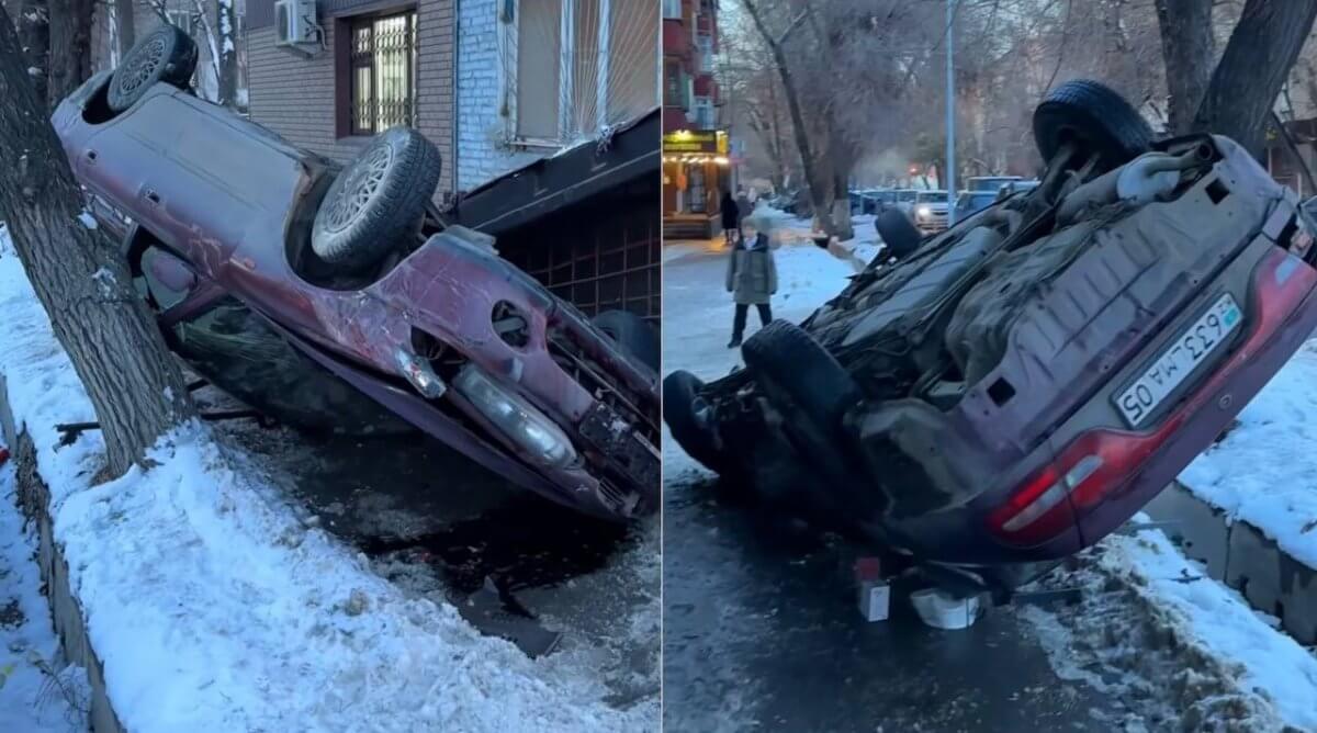 Авто отлетело к тротуару и приземлилось на крышу в Талдыкоргане (ВИДЕО)