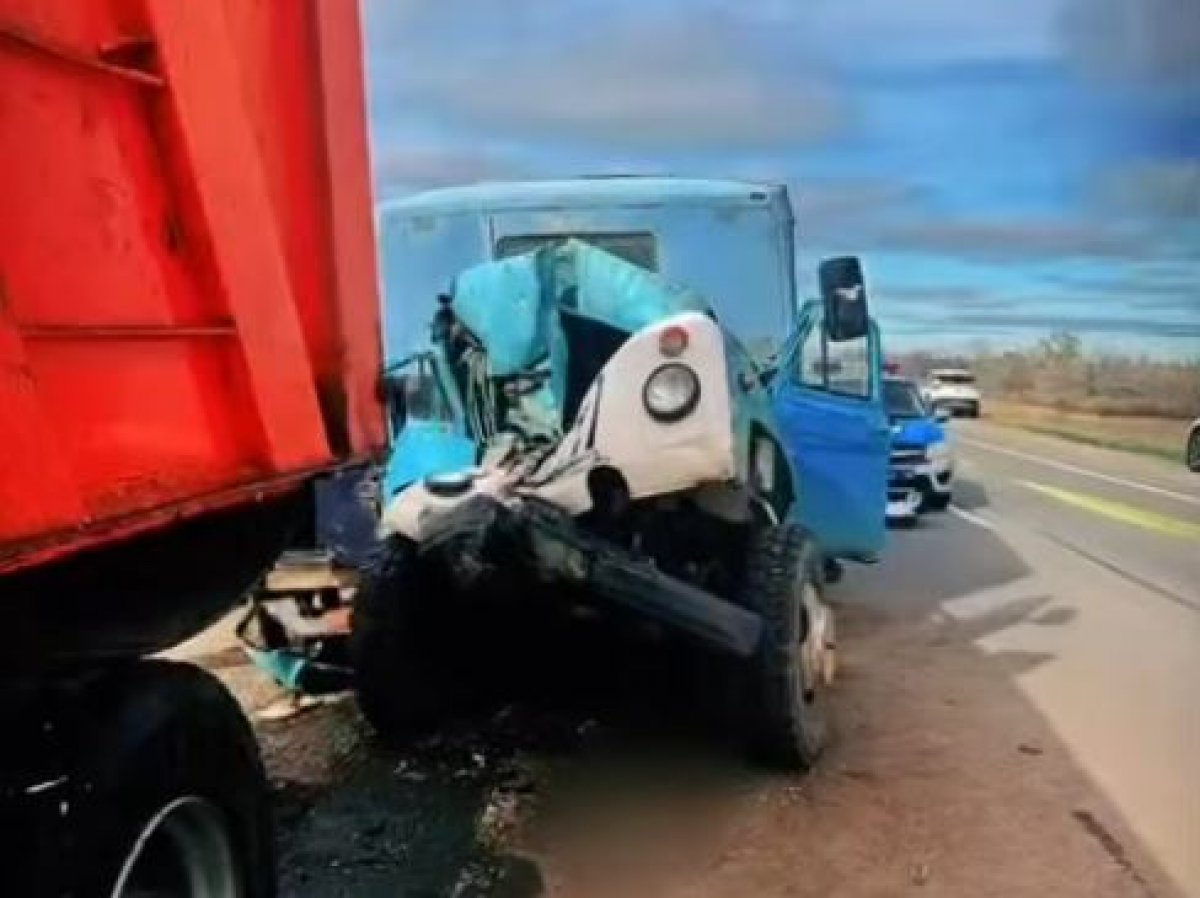 Грузовик протаранил стоящий КамАЗ на трассе Омск – Майкапчагай