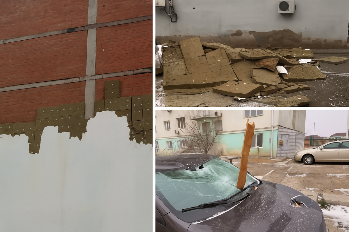 Шквальный ветер сорвал облицовку и кровлю с домов в Атырау