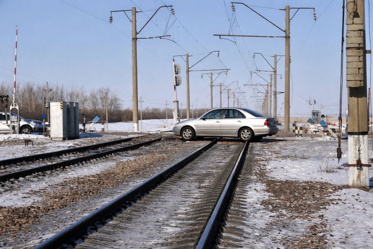 Водитель скрылся после выезда на железнодорожные пути в Казахстане
