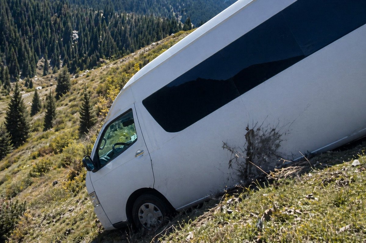 Туристический автобус сорвался с горы у Кольсая – момент попал на видео