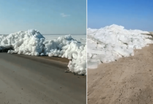 Движущаяся глыба льда заблокировала дорогу в Костанайской области
