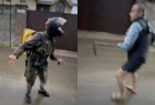 Курьер с ножом и мужчина с тяпкой: конфликт двух алматинцев попал на видео