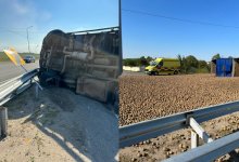 КамАЗ с картофелем опрокинулся в Павлодаре. Водителю потребовалась медпомощь