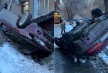 Авто отлетело к тротуару и приземлилось на крышу в Талдыкоргане (ВИДЕО)