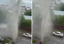 Мощный фонтан прорвался из канализационного люка в Астане