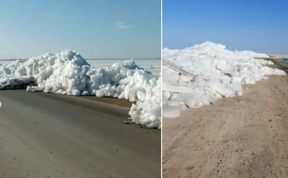 Движущаяся глыба льда заблокировала дорогу в Костанайской области