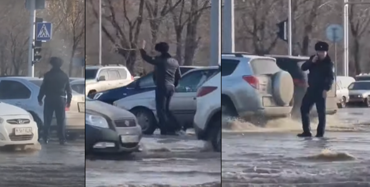 Поступок полицейского, вышедшего на регулировку дороги во время потопов, восхитил казахстанцев